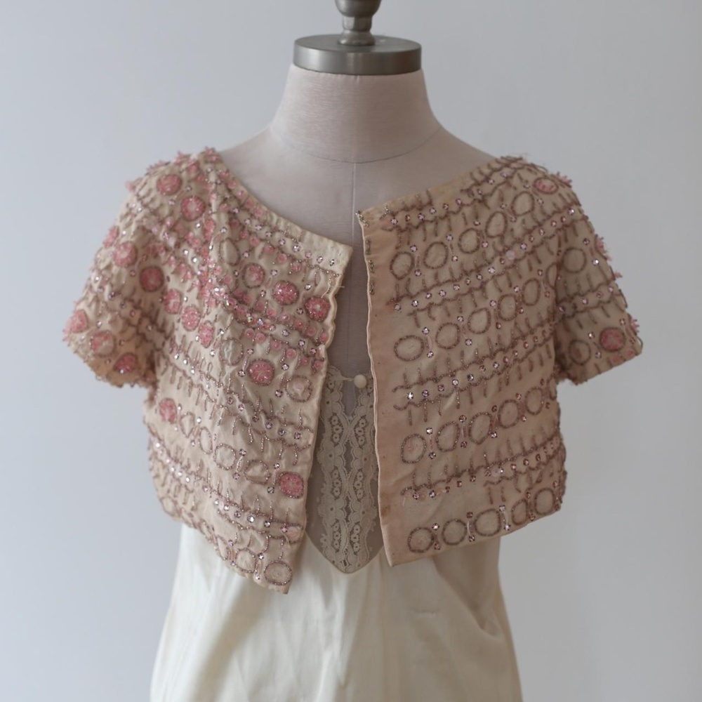 As is Vintage handmade beaded sequins rhinestone pink cropped jacket - Picture 1 of 4